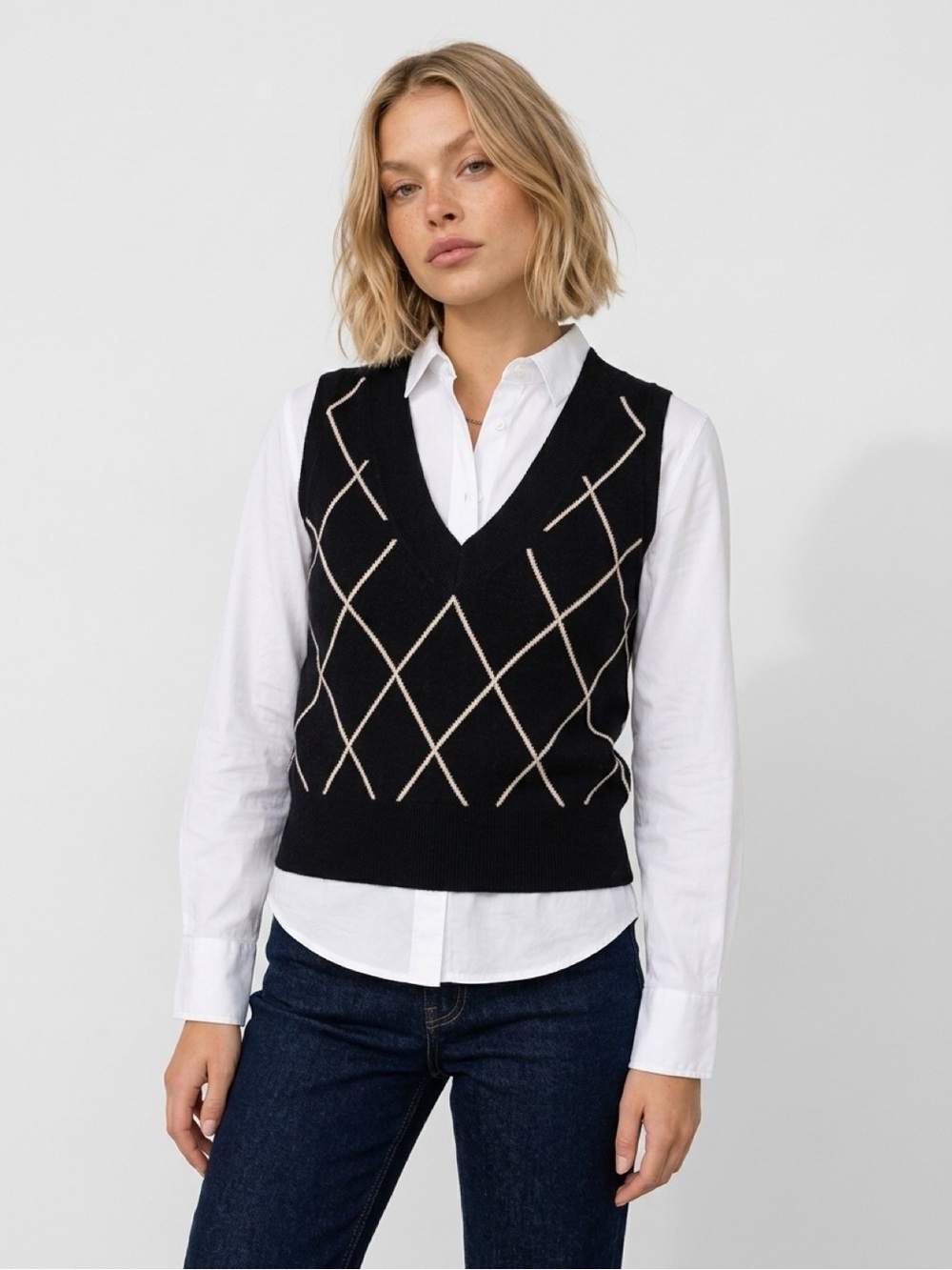 Express Black V-Neck Argyle Knit Vest with White Diamond Accents